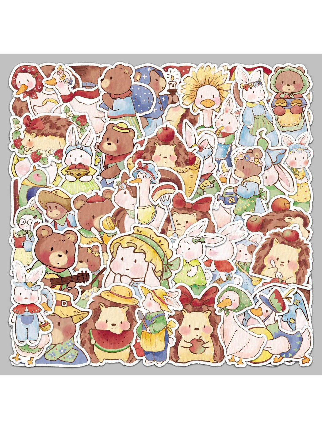 Sticker sheet showing whimsical forest creatures and fairy tale characters in vibrant colors