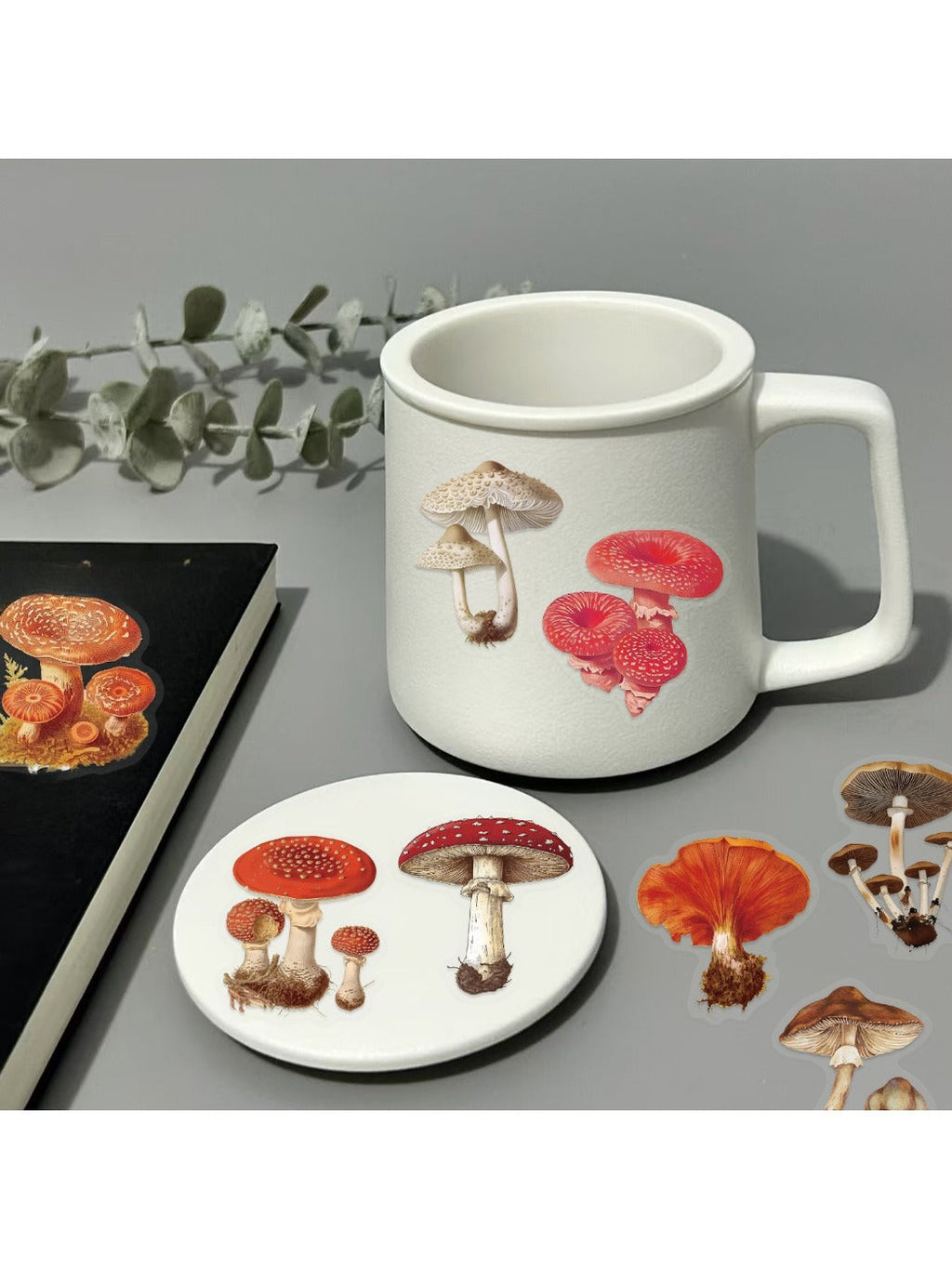 Cartoon mushroom sticker featuring a blue cap with white dots