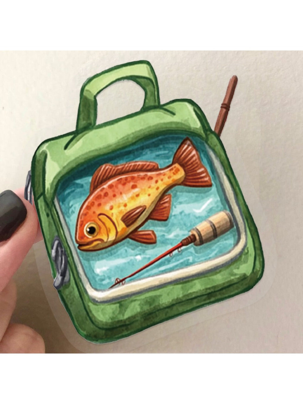 Watercolor sticker of a fisherman holding a large fish