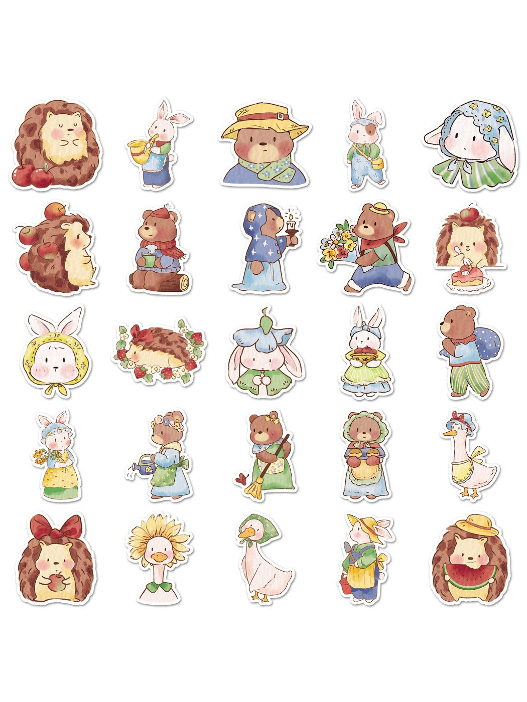 Assorted forest-themed cartoon stickers including mushrooms, flowers, and woodland animals