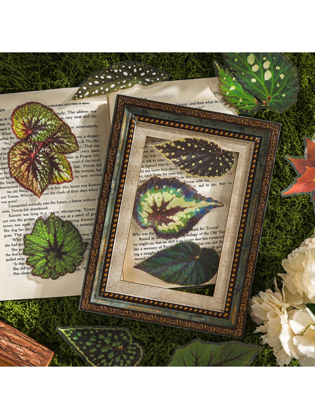 Lunira lifelike leaf stickers displayed on a notebook cover