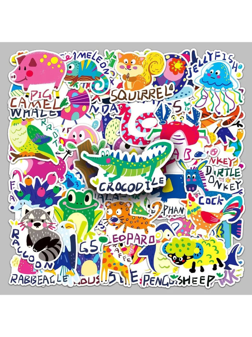 Lunira cartoon animal doodle stickers with English words on white background