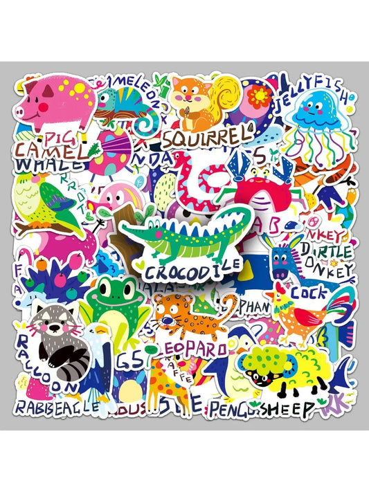 Lunira cartoon animal doodle stickers with English words on white background