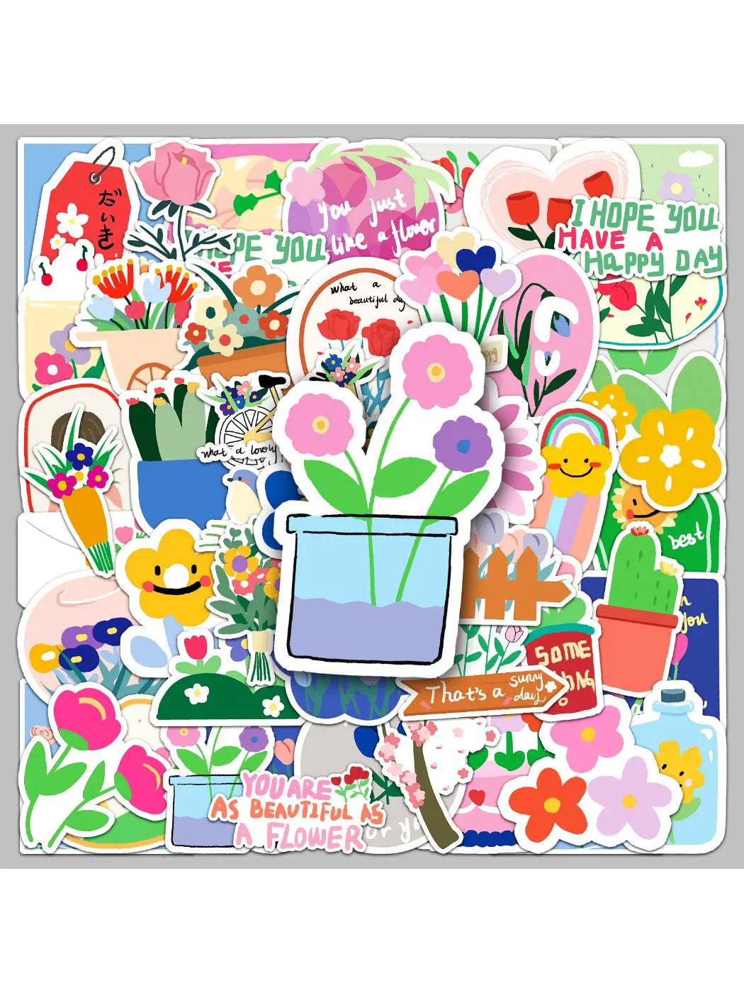Colorful cartoon plant doodle stickers arranged on a white background