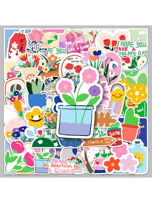 Colorful cartoon plant doodle stickers arranged on a white background