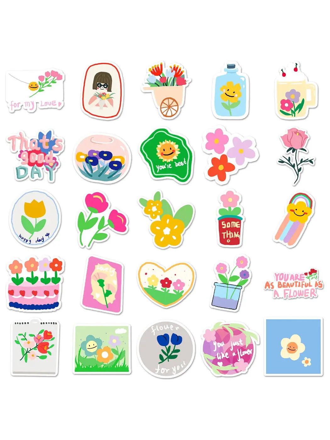 Multiple colorful cartoon plant stickers displayed on a wooden surface
