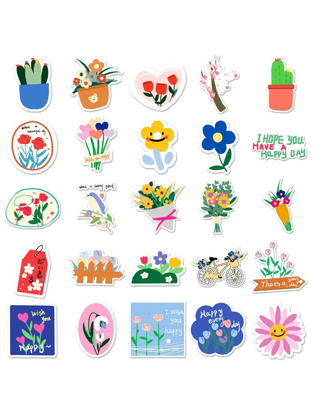Hand holding a sheet of colorful cartoon plant doodle stickers