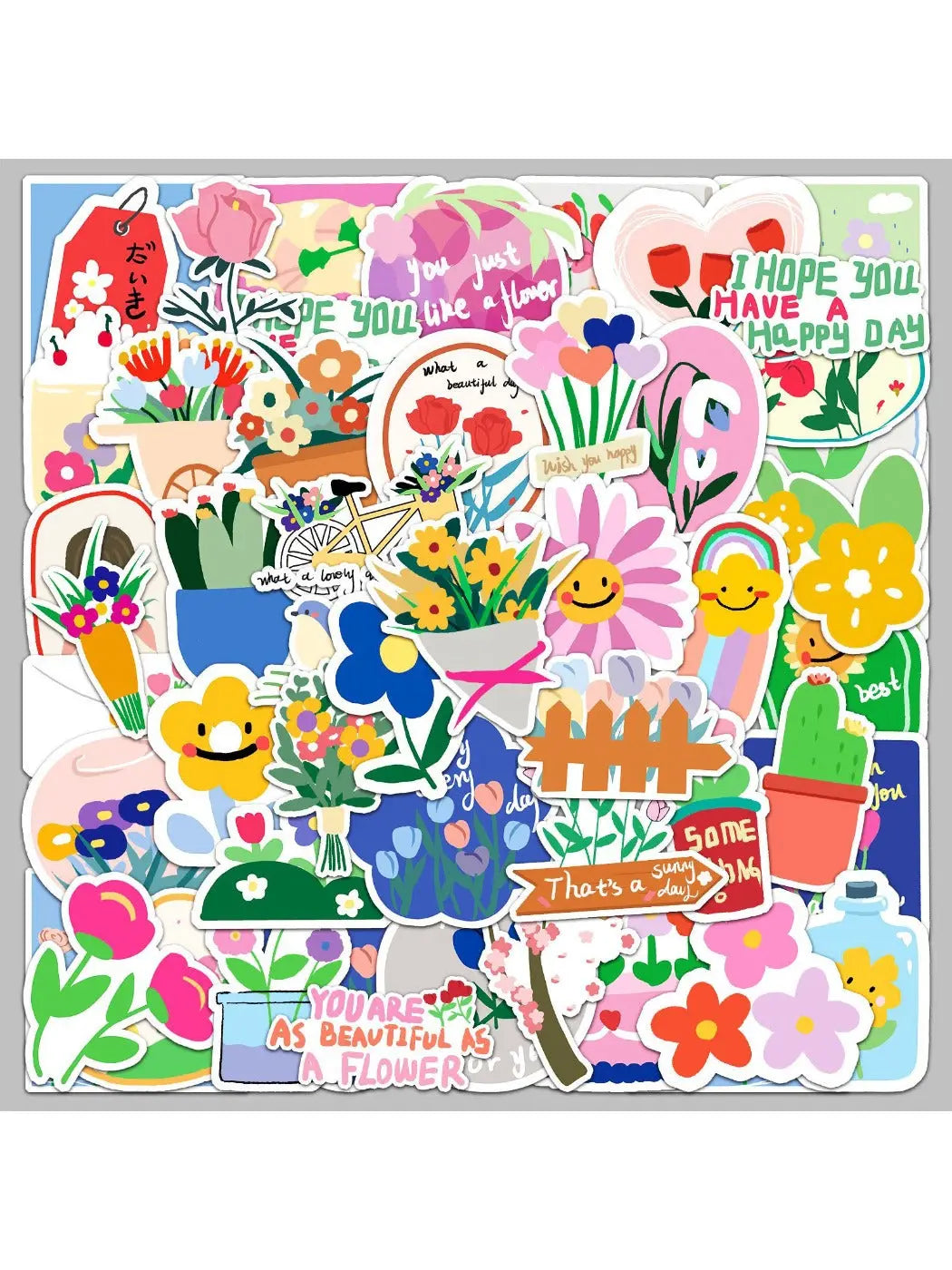 Assorted colorful plant doodle stickers scattered on a light background