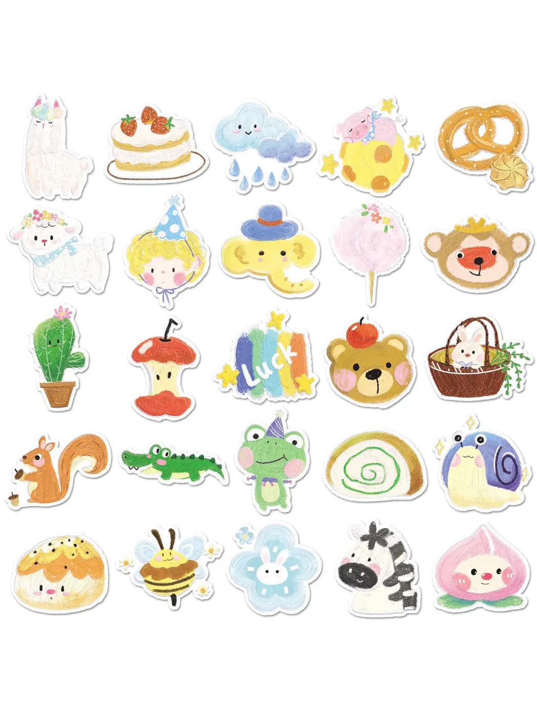 Assorted Lunira cartoon animal and plant stickers arranged on a flat surface