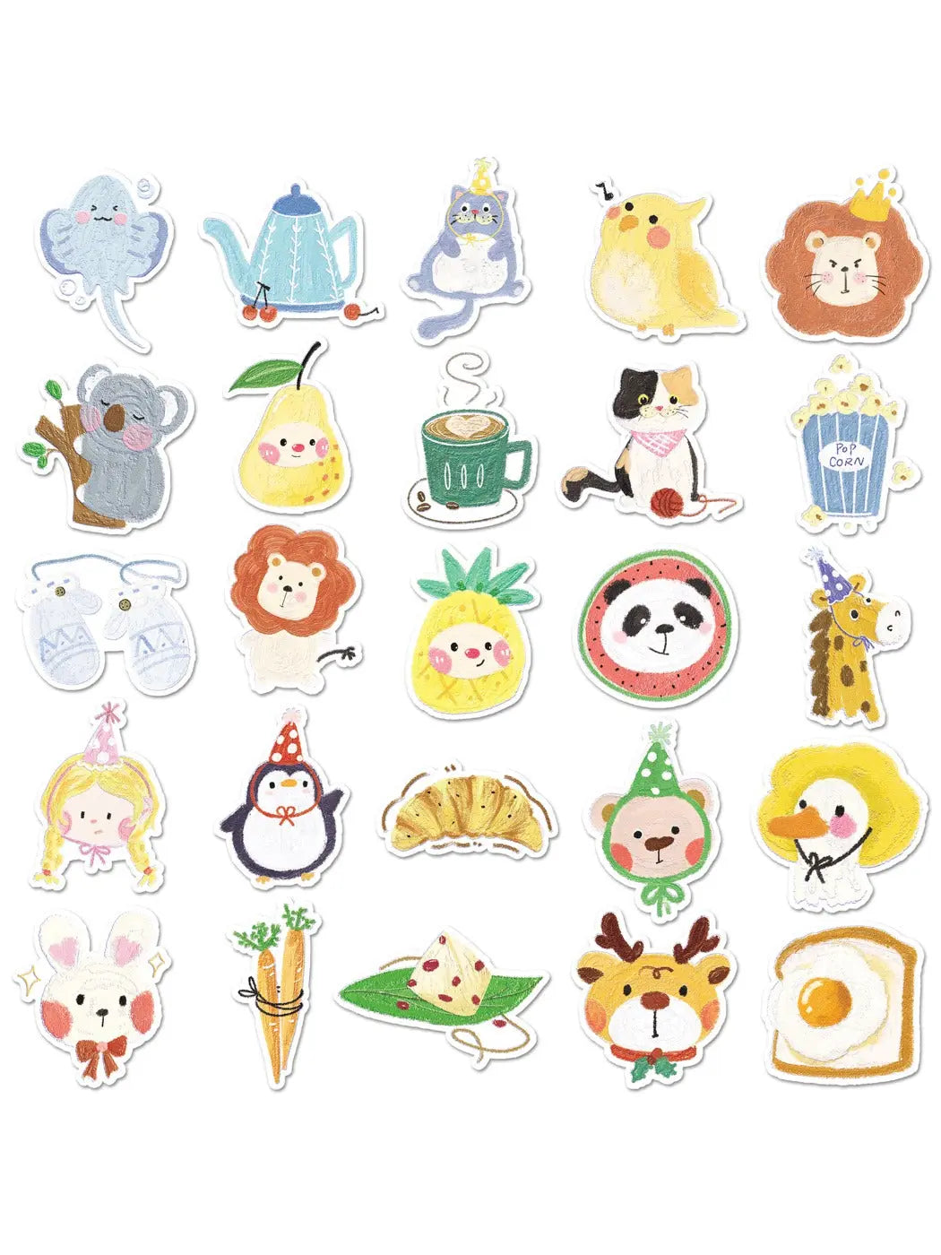 Lunira sticker pack showing playful animal characters with plants and flowers