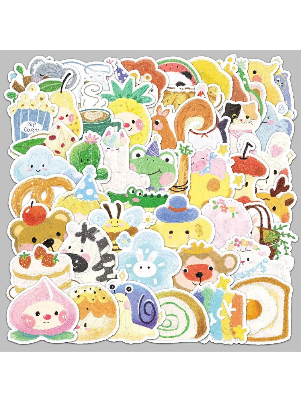 Hand holding Lunira cute cartoon animal and plant doodle stickers with vibrant colors