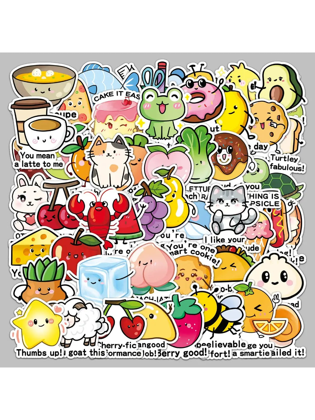 Close-up of Lunira reward stickers featuring smiling cartoon animals and positive words