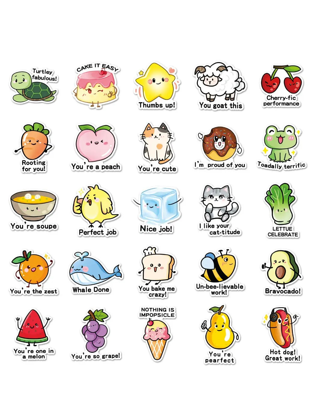 Variety of Lunira cartoon reward stickers with motivational phrases and playful characters