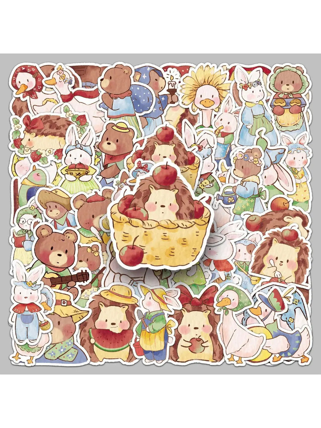 Colorful cartoon stickers featuring a forest fairy tale theme with animals and magical elements
