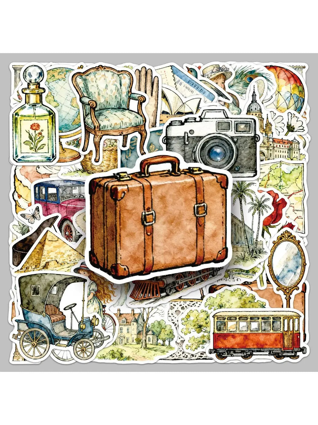 Lunira retro travel-themed sticker sheet with vintage luggage and airplane designs