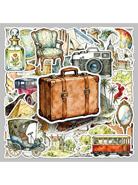 Lunira retro travel-themed sticker sheet with vintage luggage and airplane designs