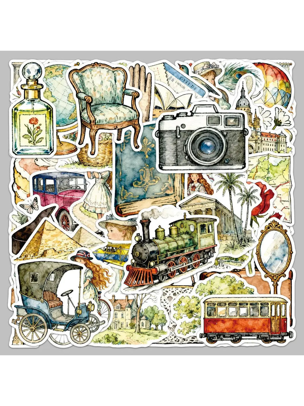 Close-up of Lunira travel stickers featuring a classic globe and passport stamps