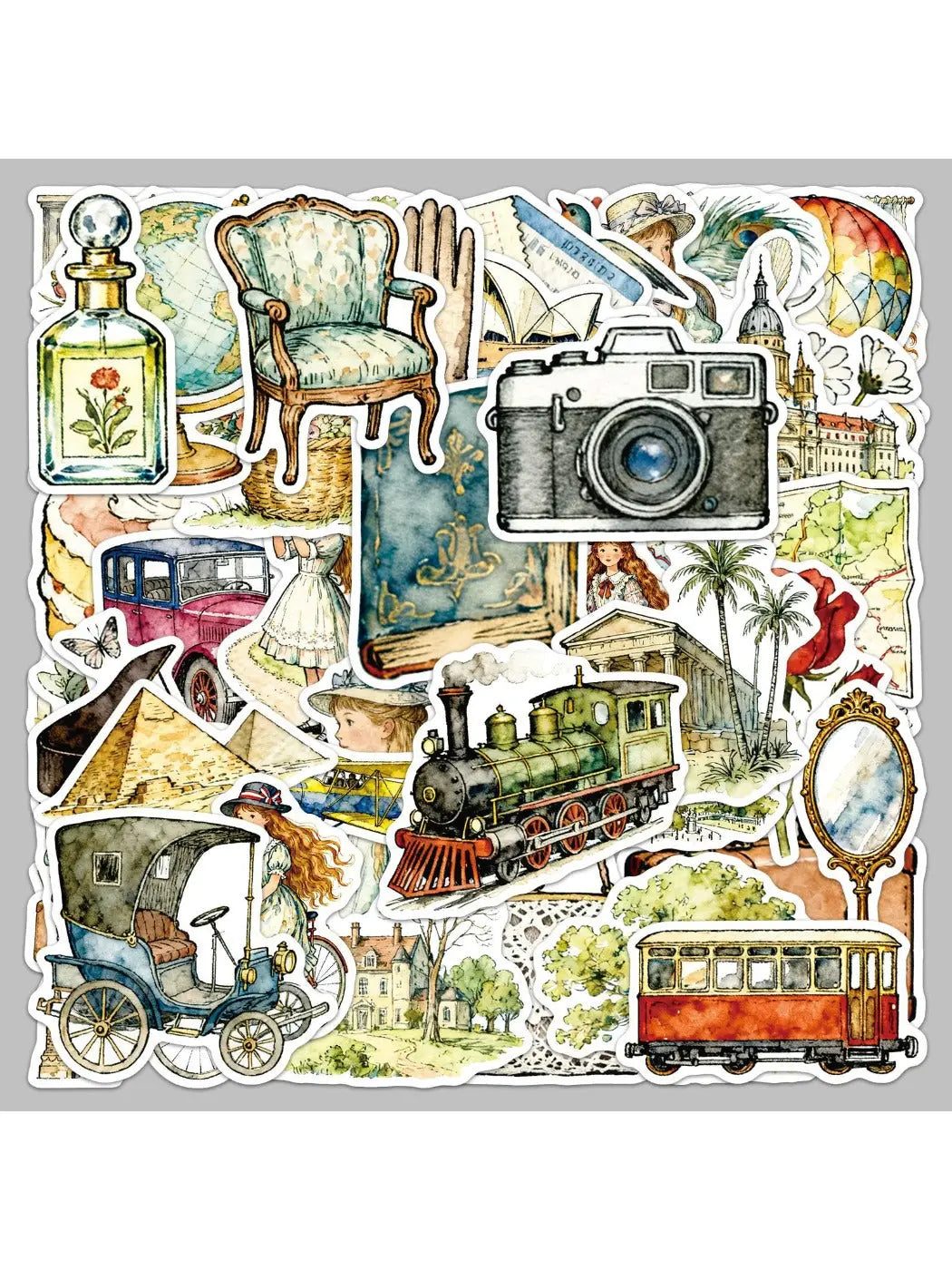 Close-up of Lunira travel stickers featuring a classic globe and passport stamps