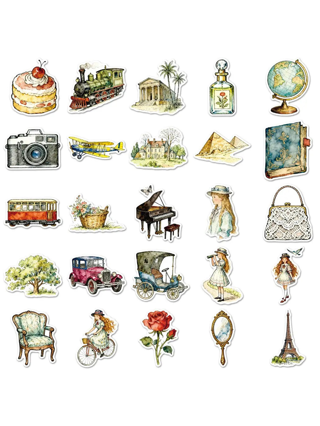 Set of Lunira stickers showing retro travel icons like a camera and suitcase