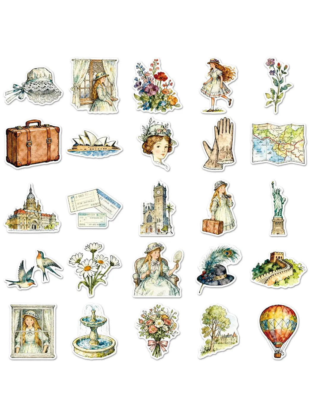 Lunira travel sticker pack with colorful vintage travel badges and labels