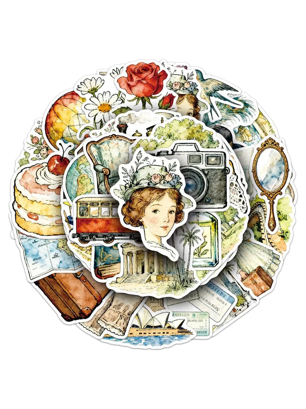 Assorted Lunira stickers depicting old-fashioned travel elements and maps