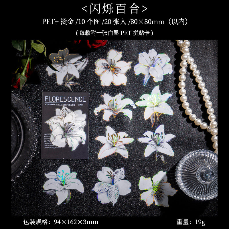 美好的一天PET贴纸黑夜繁花系列轻复古镭射烫金花卉diy拼贴卡装饰