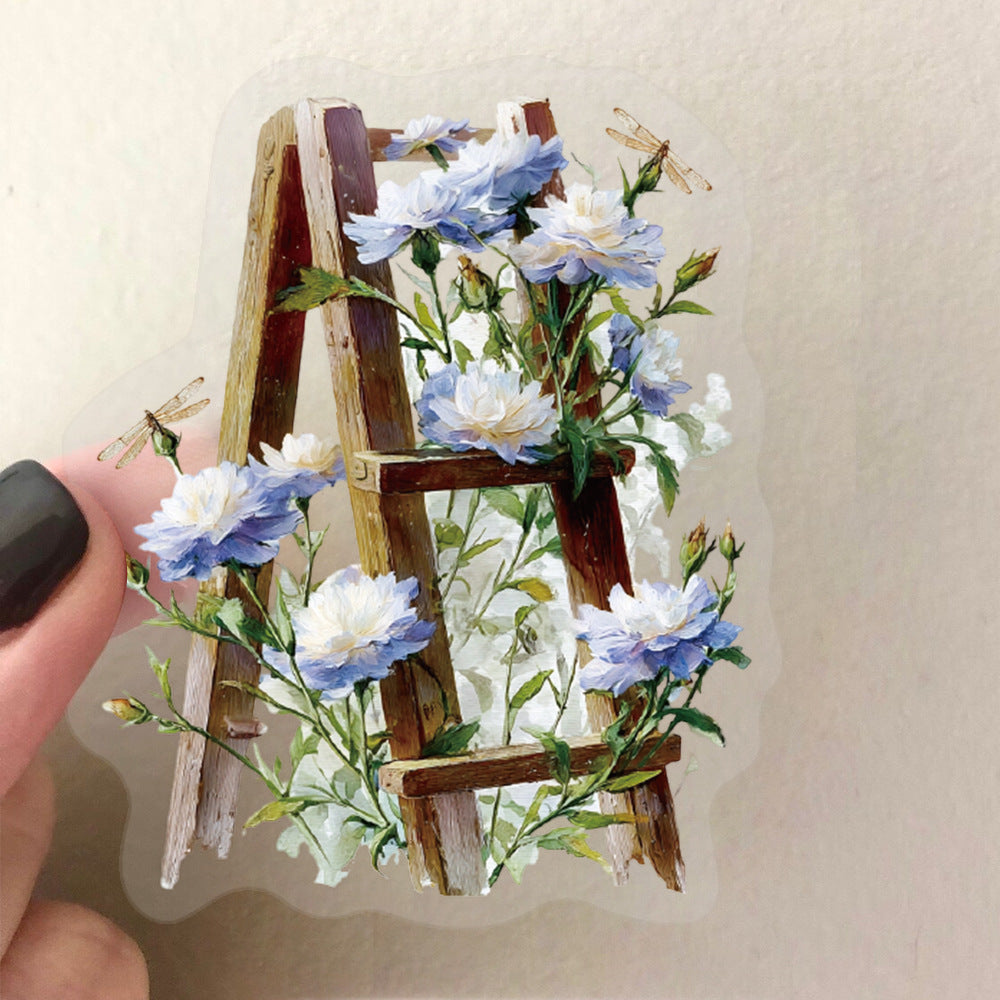 50张花梯贴纸包PET透明防水复古自然写实花卉手帐素材行李箱贴画