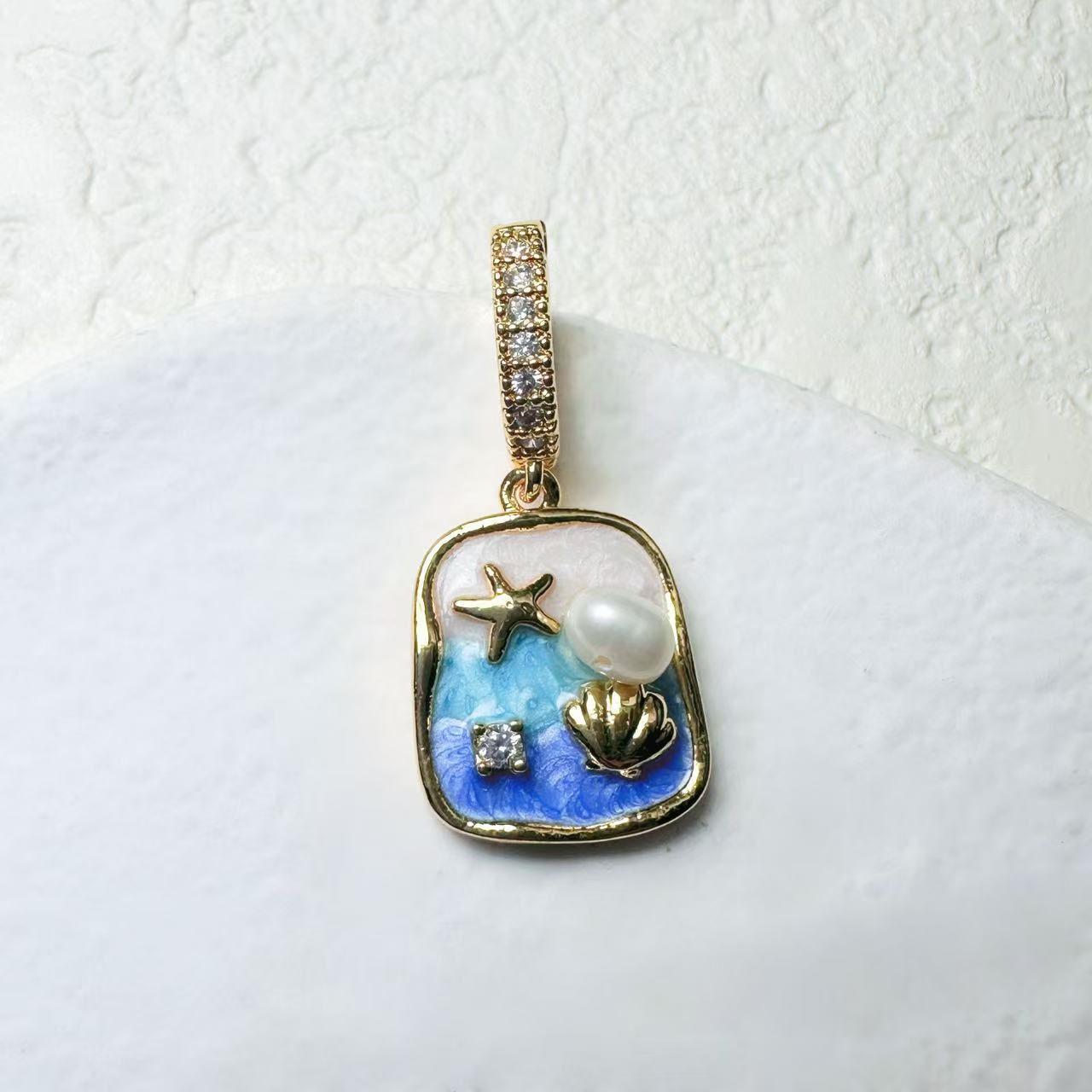 中古油画风项链吊坠diy手工项链坠子巴洛克珍珠花朵滴釉款毛衣链