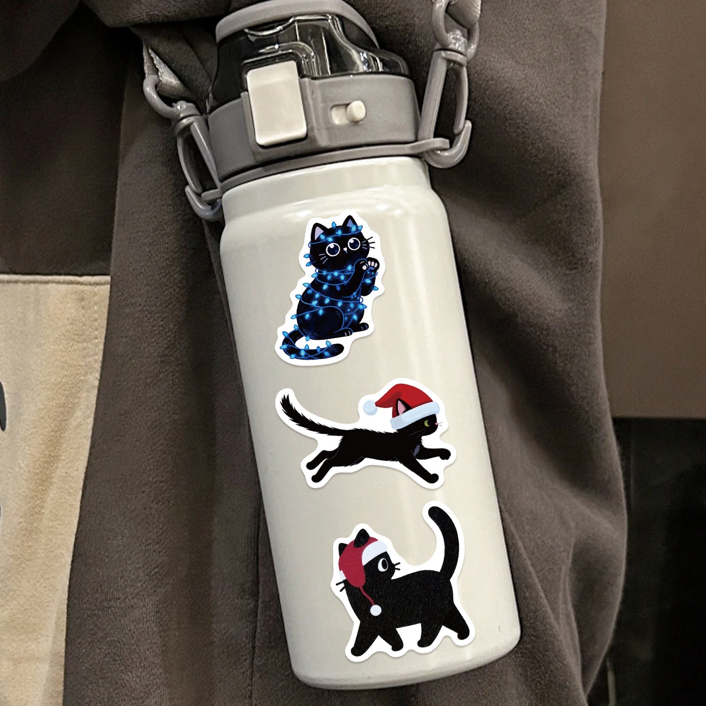 50张卡通圣诞黑猫贴纸可爱高颜值装饰手机手账桌面防水自粘贴批发