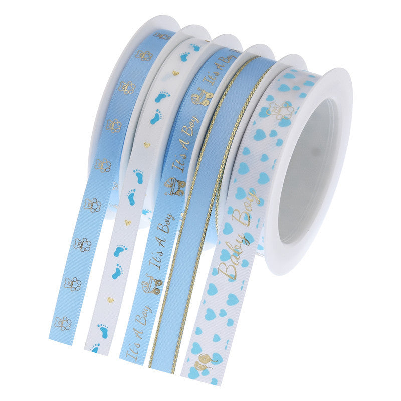 Rivora - Teddy-and-Footprint Blue-and-White Printed Ribbon