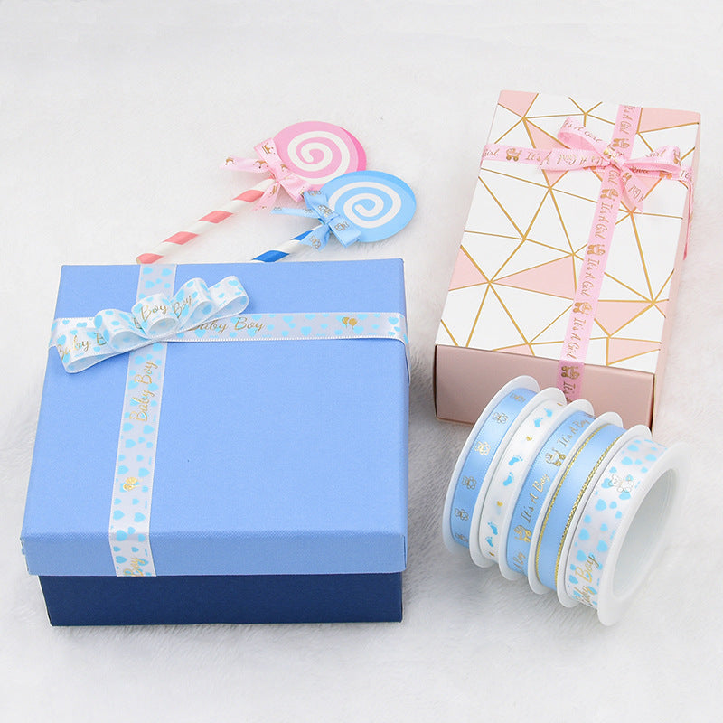 Rivora - Teddy-and-Footprint Blue-and-White Printed Ribbon