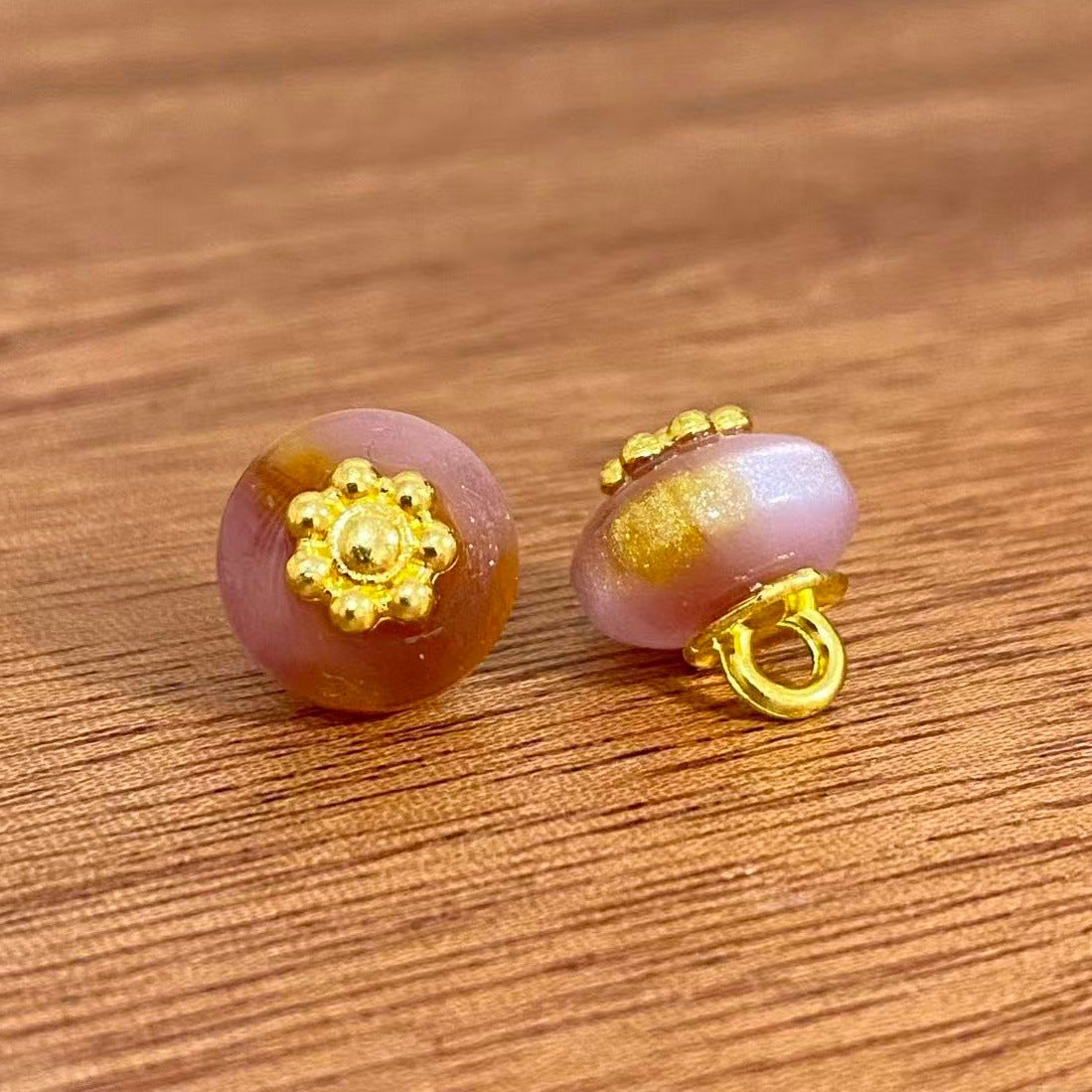 新中式三色渐变树脂扁珠旗袍纽扣复古金花托汉服盘扣服装辅料批发