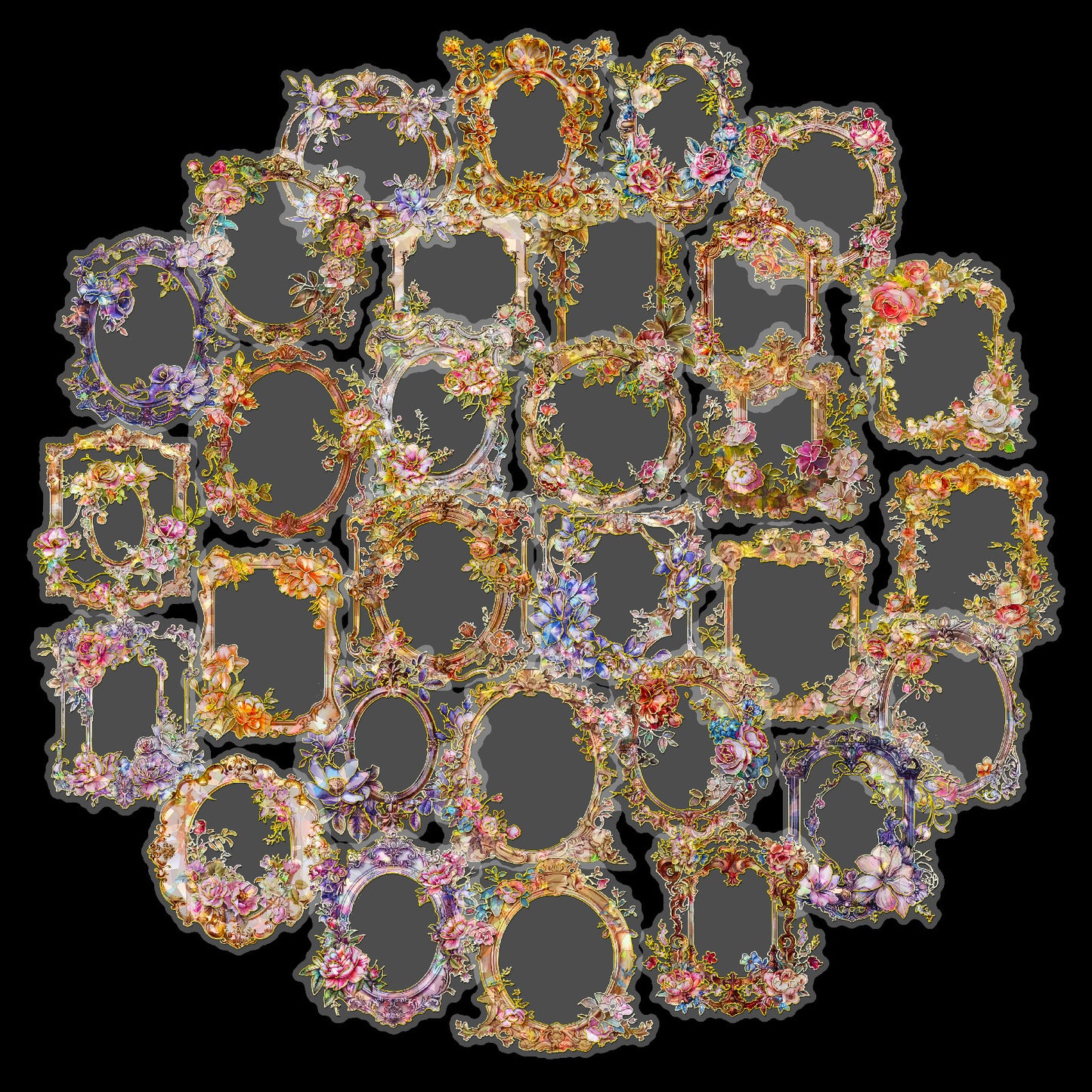 跨境直采【一口价】亚马逊30张冷烫镭射pet花环贴纸花卉烫金贴画