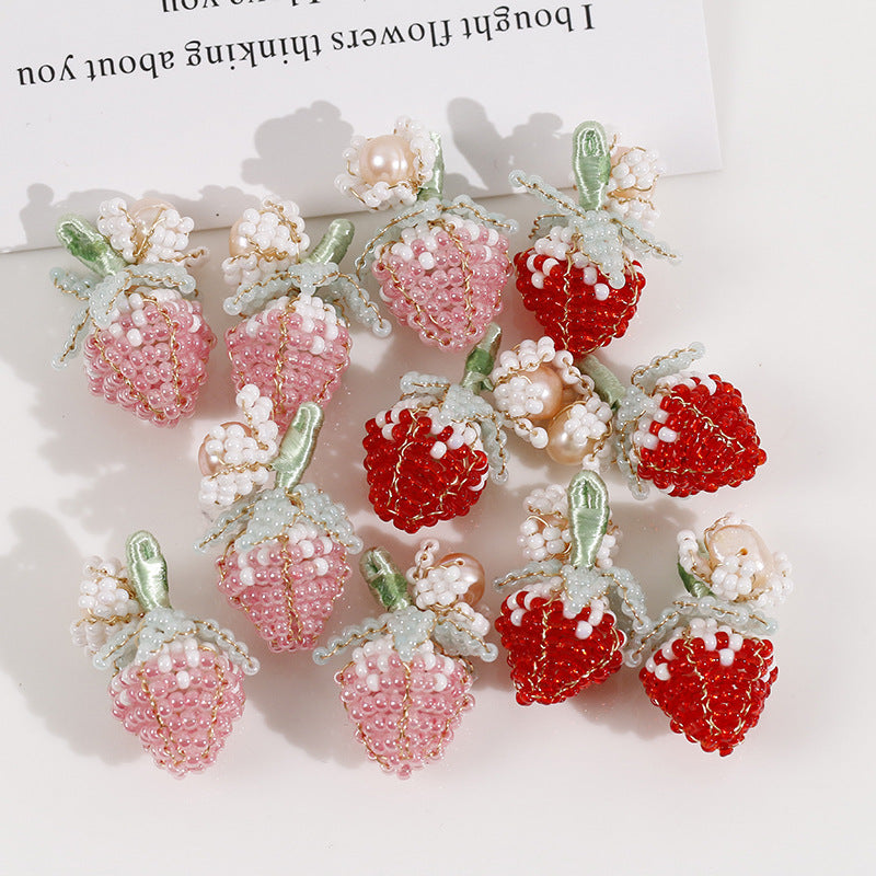 小号款手工编织淡水珍珠珍珠花朵粉红色草莓耳环头饰DIY饰品配件