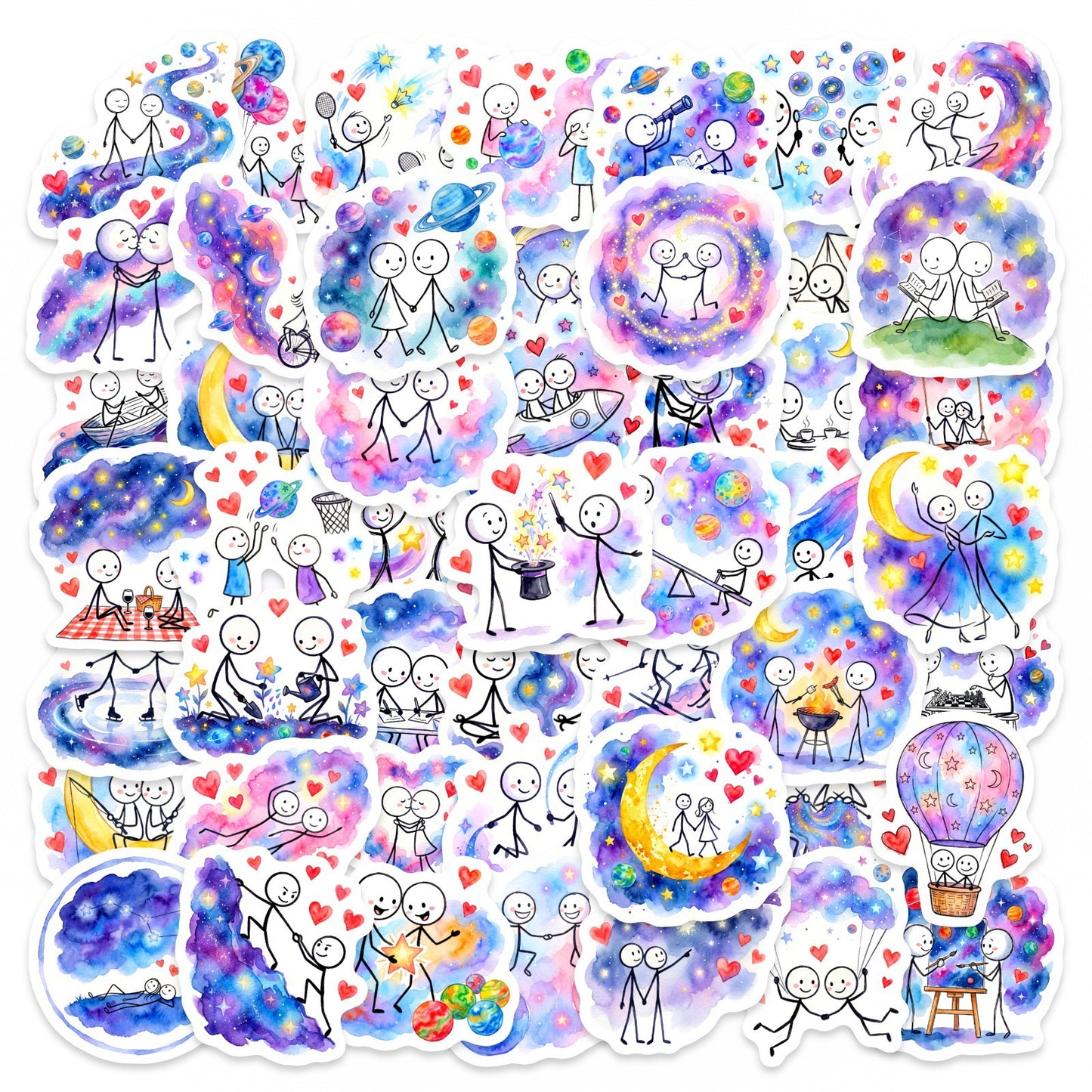50张星空水彩情侣简笔画贴纸 梦幻火柴人涂鸦手账水杯防水装饰贴