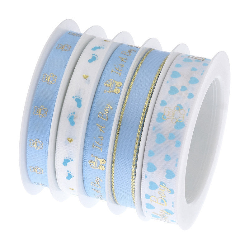 Rivora - Teddy-and-Footprint Blue-and-White Printed Ribbon