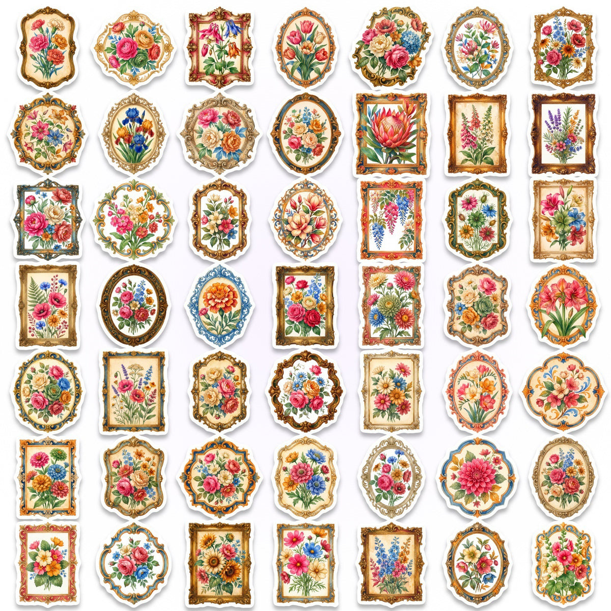 跨境50张欧式复古相框典雅花卉贴纸学生手账平板日记本装饰贴画