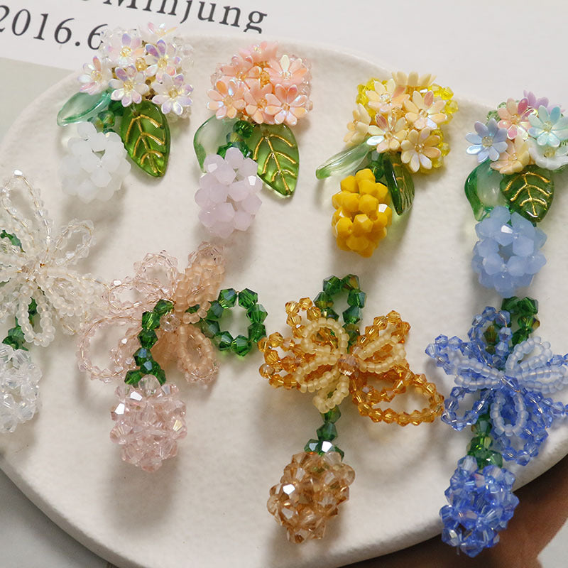 夏季新品清新甜美彩色花朵绿色果实蝴蝶结长款DIY饰品耳环女配件