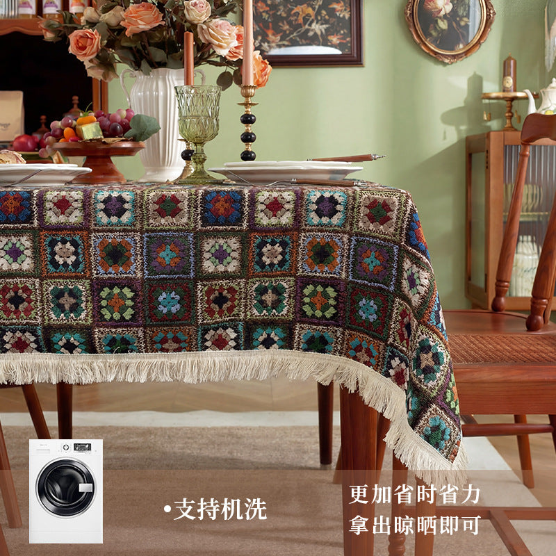 跨境专供复古手工桌布彩色棉纱编织流苏台布ins风波西米亚餐桌垫
