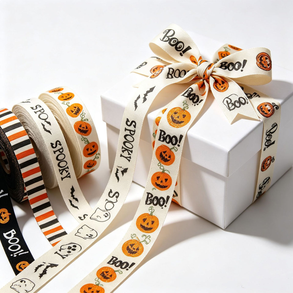 Halloween万圣节丝带棉织带 幽灵南瓜蝙蝠图案节日礼品包装 跨境