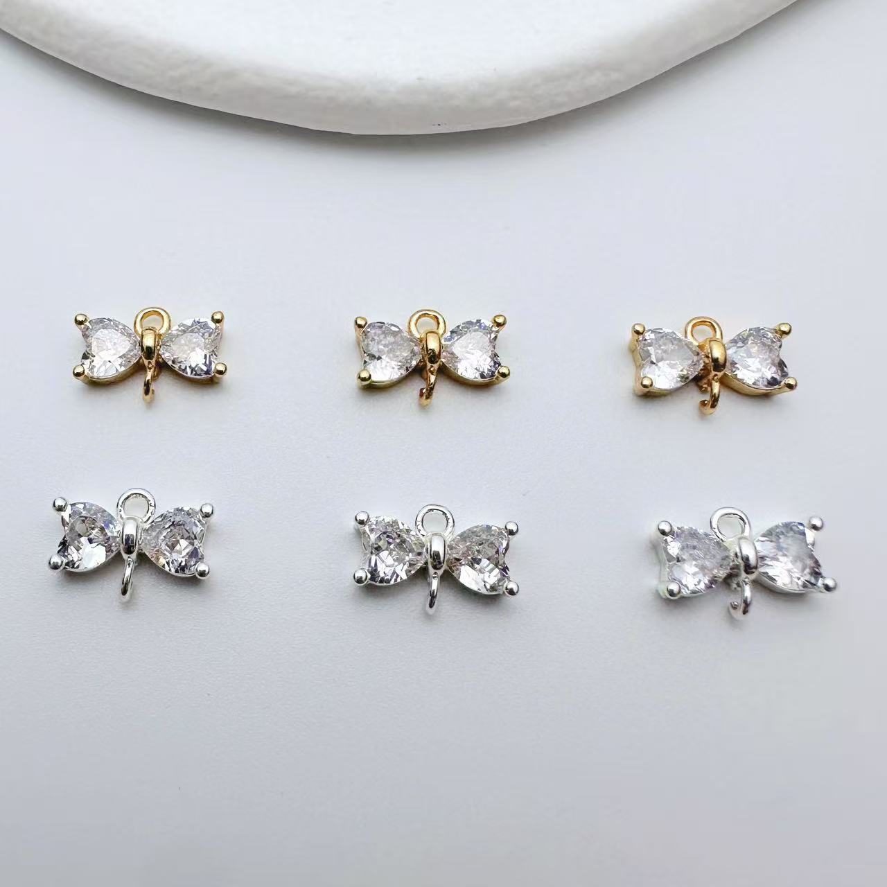 纯铜微镶锆石镀18K真金保色蝴蝶结吊坠耳环饰品配件diy手工配饰