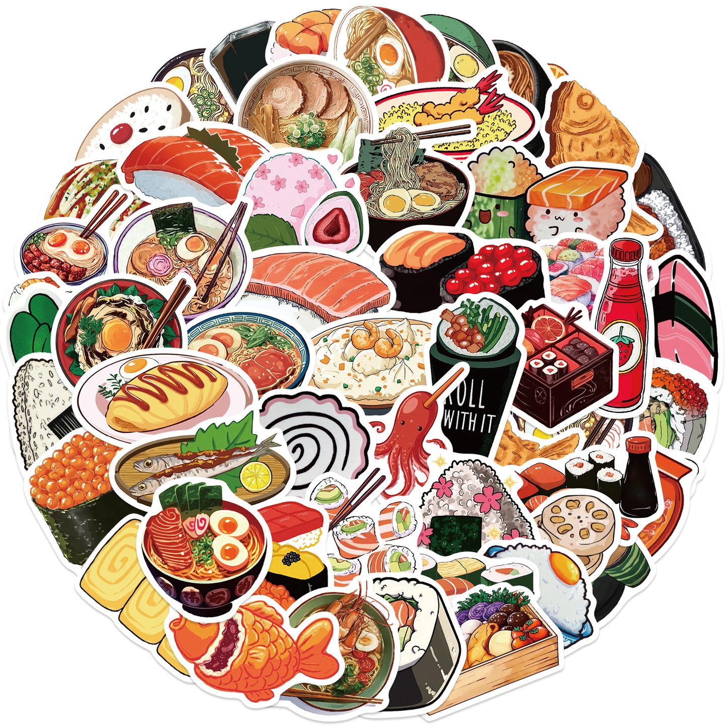 55张日式食物涂鸦贴纸装饰DIY手账本平板手机滑板车电脑防水贴画