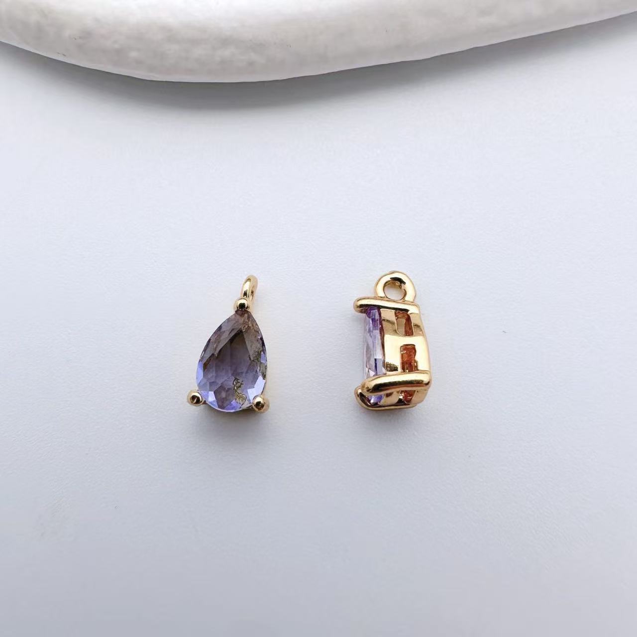镀金保色铜镶锆石彩色水滴形吊坠diy手工饰品耳环项链配件材料