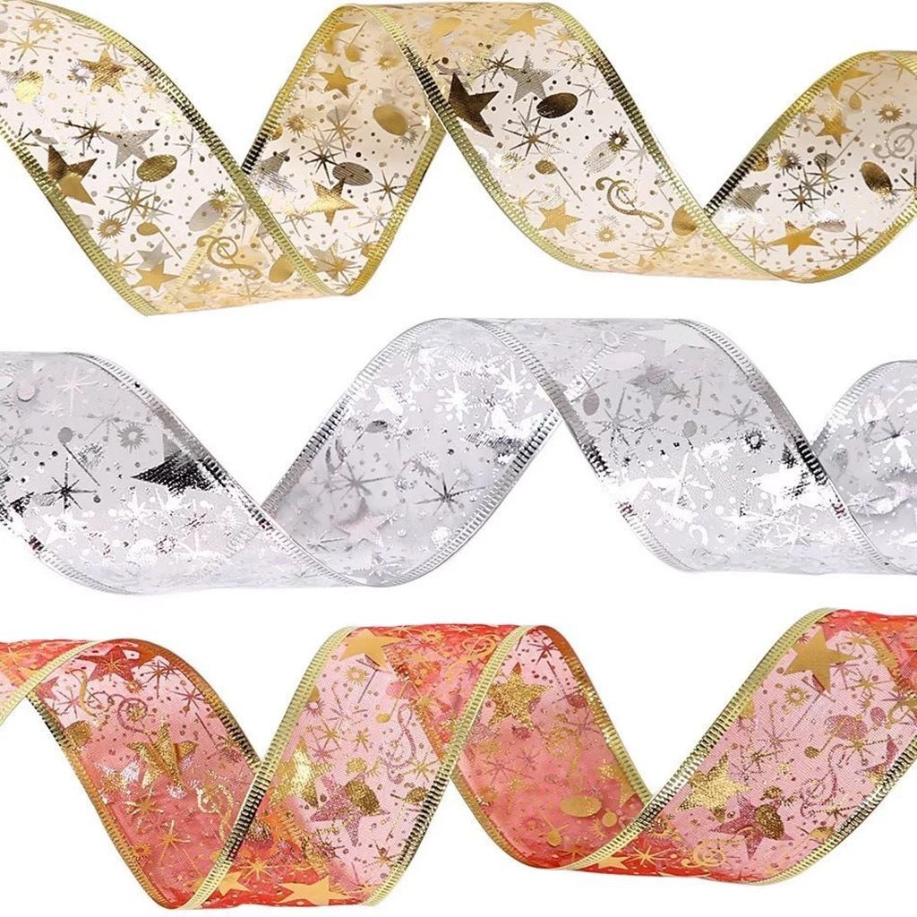 网纱烫金五角星音符铁丝拷克带织带可定型圣诞装饰节日蝴蝶结丝带