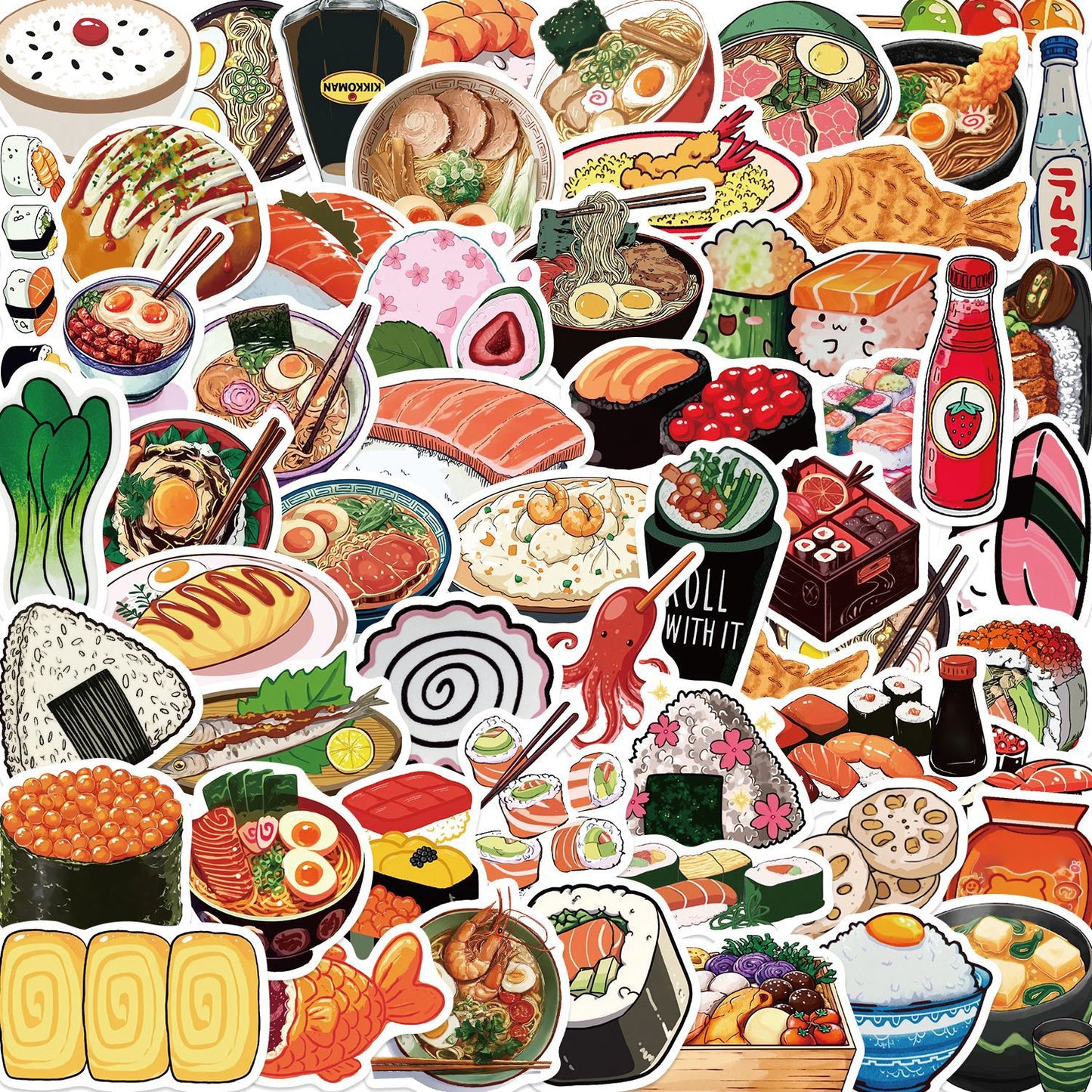 55张日式食物涂鸦贴纸装饰DIY手账本平板手机滑板车电脑防水贴画