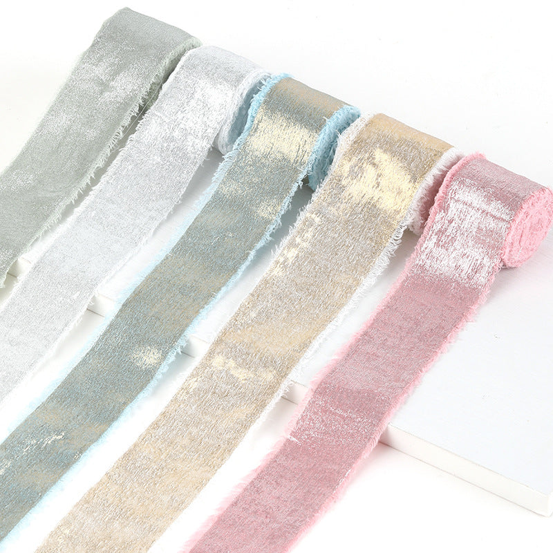 ins手撕毛边烫金毛绒丝带 跨境礼盒包装婚礼手捧花流苏真丝绑飘带