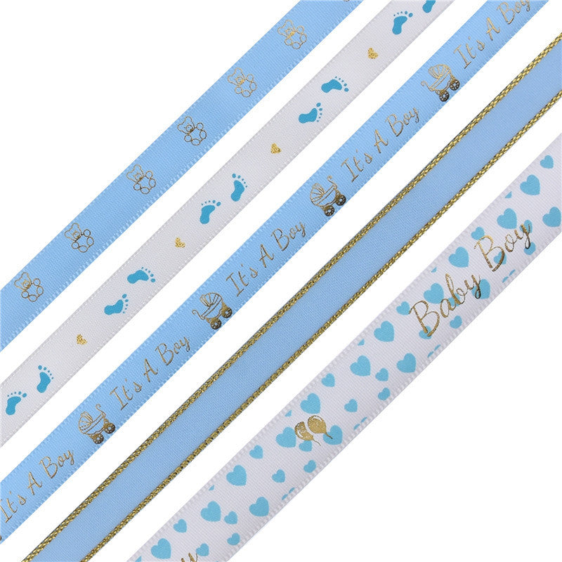 Rivora - Teddy-and-Footprint Blue-and-White Printed Ribbon
