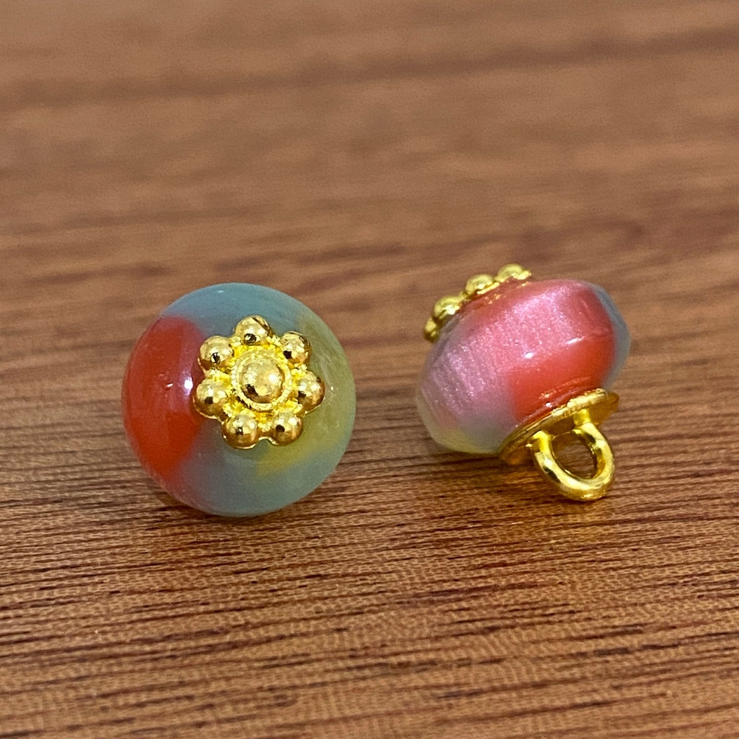 新中式三色渐变树脂扁珠旗袍纽扣复古金花托汉服盘扣服装辅料批发