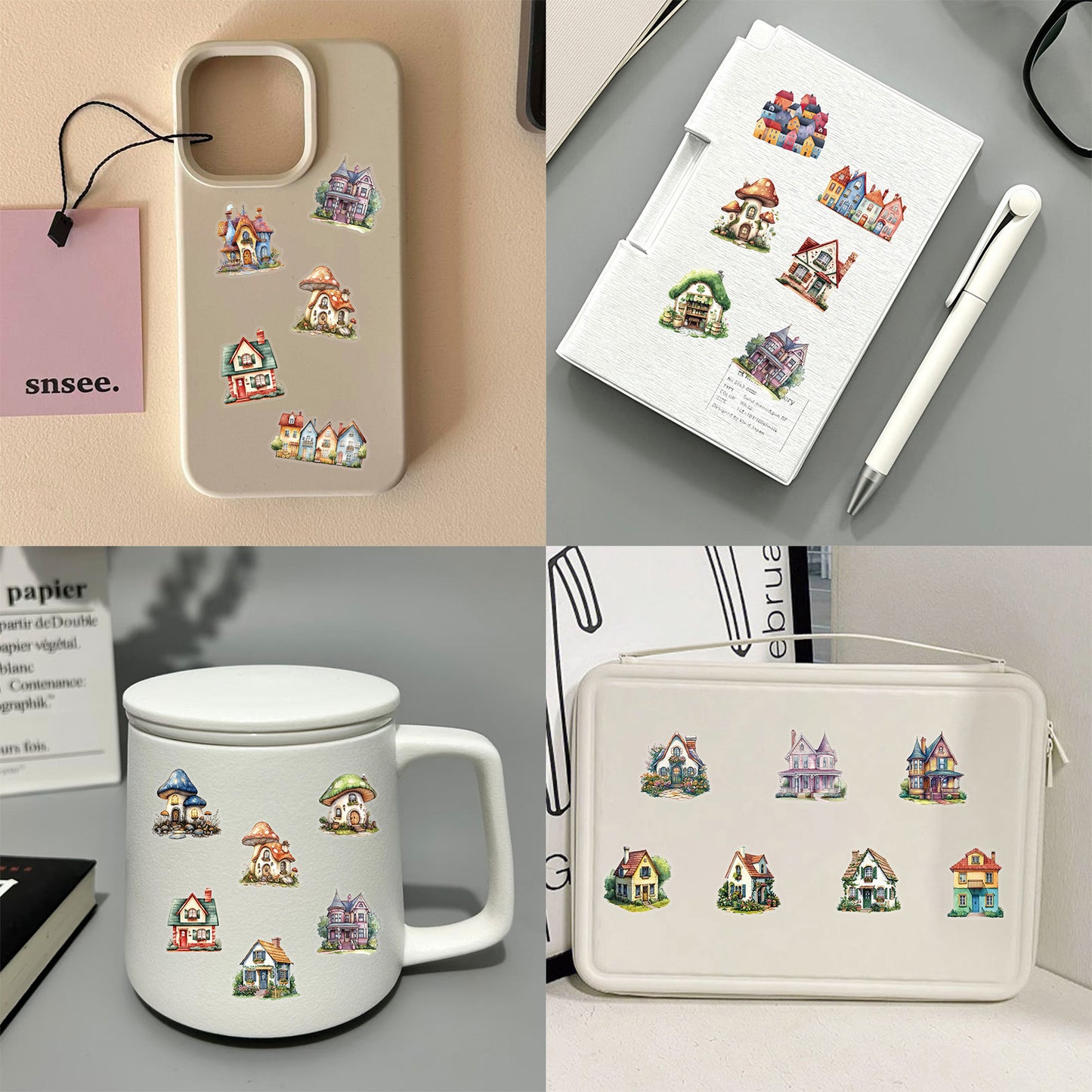 50张卡通童话屋PET贴纸原创蘑菇屋手帐贴画DIY吉他笔记本防水贴画