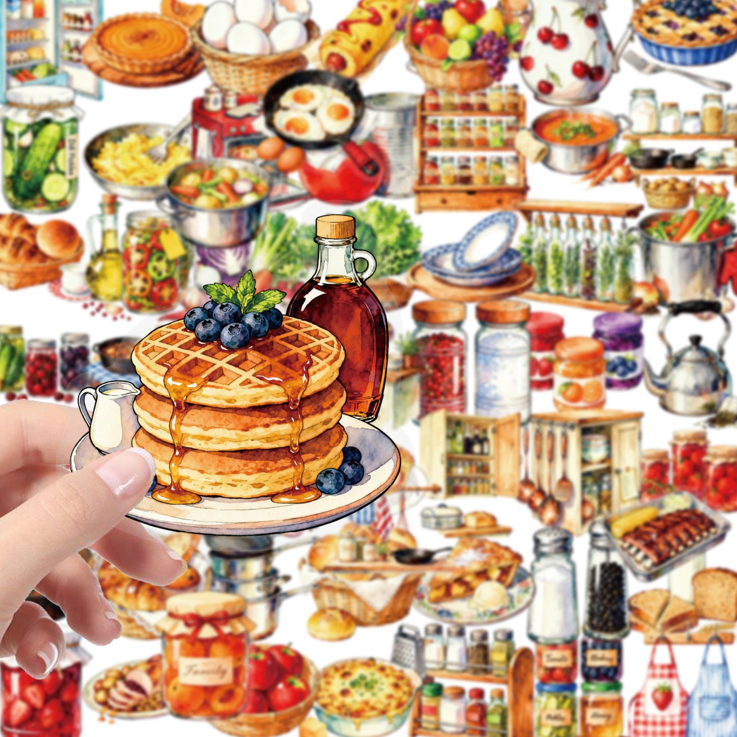 跨境56张水彩漫画风厨房美食pet贴纸食材厨具手账温馨生活装饰贴